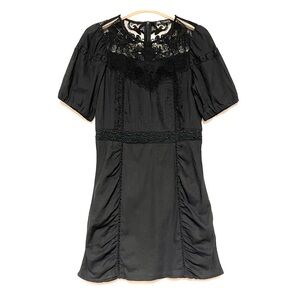 Zara Lace Mini Dress Pleated Ruched Womens SZ M Black Whimsigoth Wednesday Adams